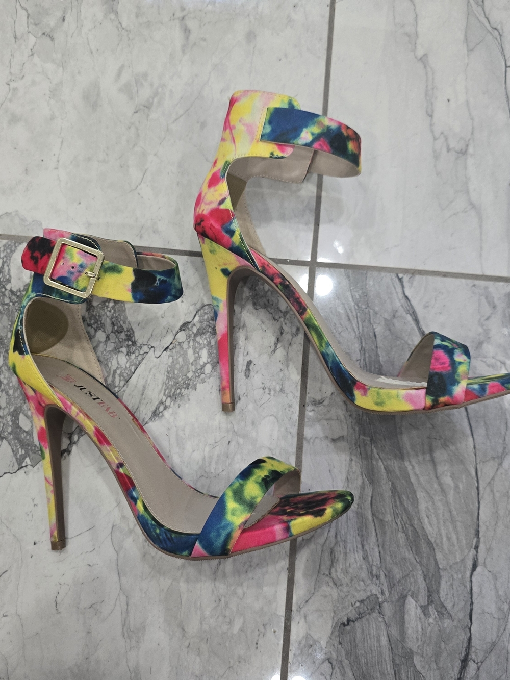 JustFab Tie-Dye High Heel Sandals in Yellow, Pink, Blue, Green